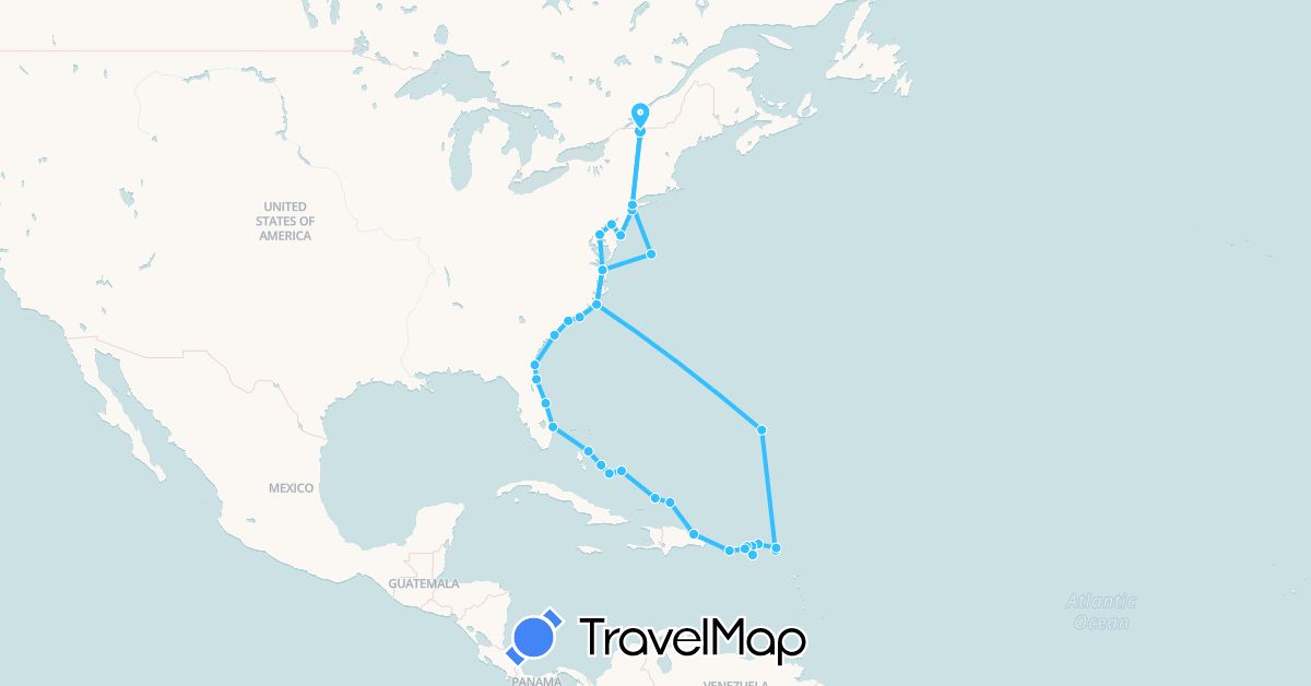 TravelMap itinerary: driving, boat in Anguilla, Bahamas, Dominican Republic, Netherlands, Puerto Rico, Turks and Caicos Islands, United States, British Virgin Islands, U.S. Virgin Islands (Europe, North America)